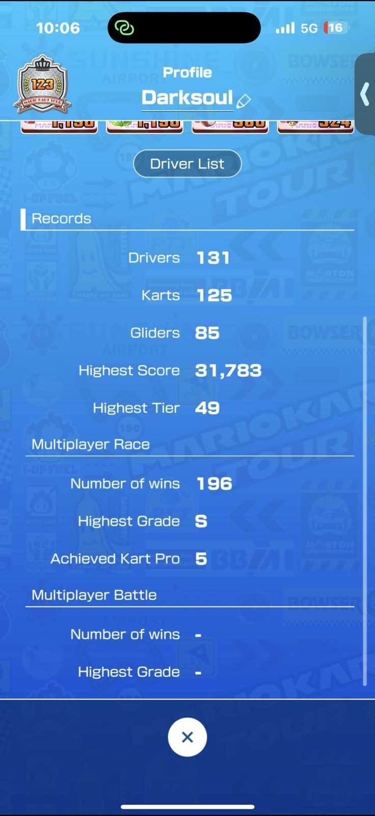 Nintendo Mario Kart Tour Account Android iOS 131 Drivers 125 Karts 85 Gliders