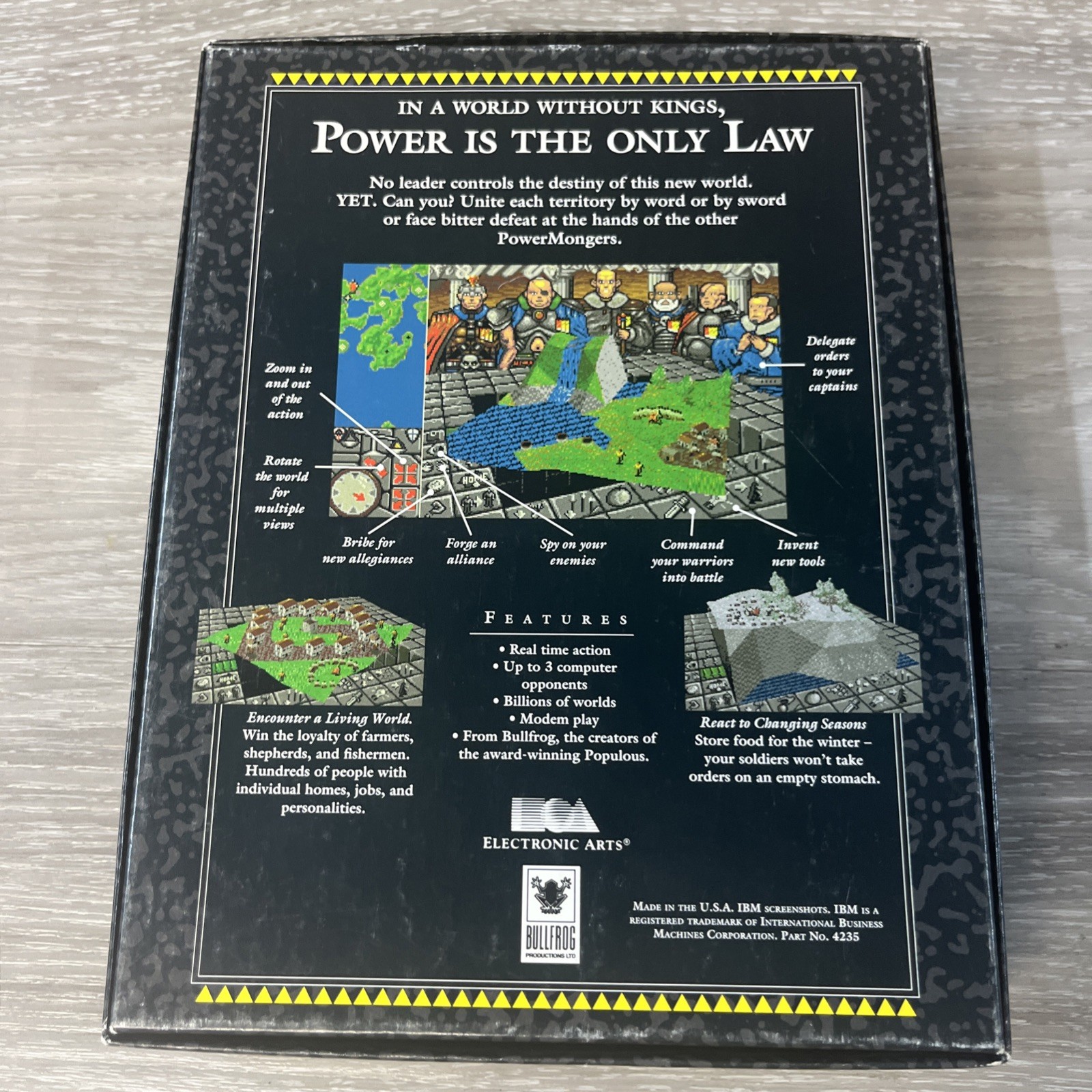 Vtg PowerMonger Big Box Computer Game IBM PC DOS 3.5 Disk Electronic Arts CIB