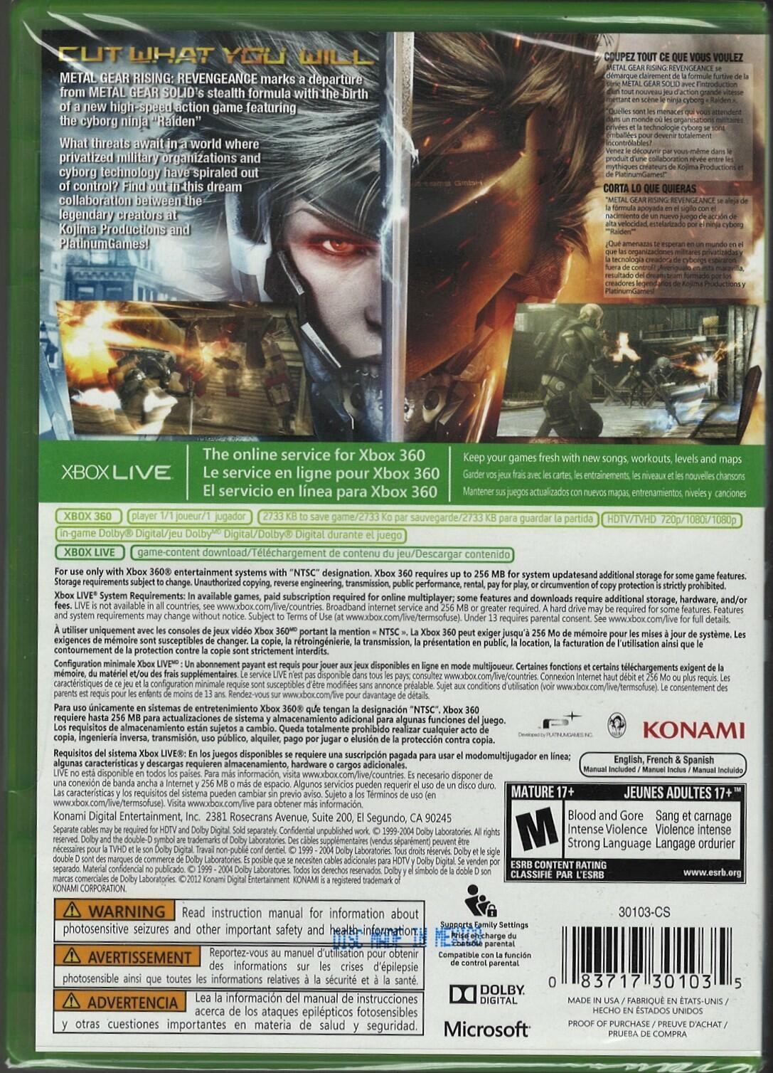 Metal Gear Rising: Revengeance Xbox 360 BC XB1 (Brand New Factory Sealed US Vers