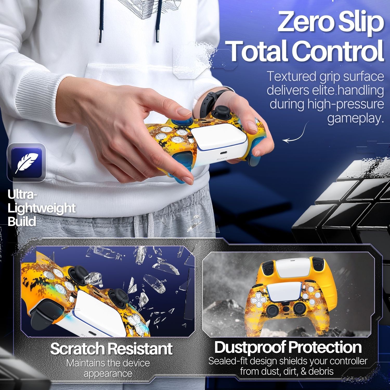 PS5 Controller Skin Grip Cover Silicone Gel Rubber w/ 8 Thumb Caps – Camo Yellow