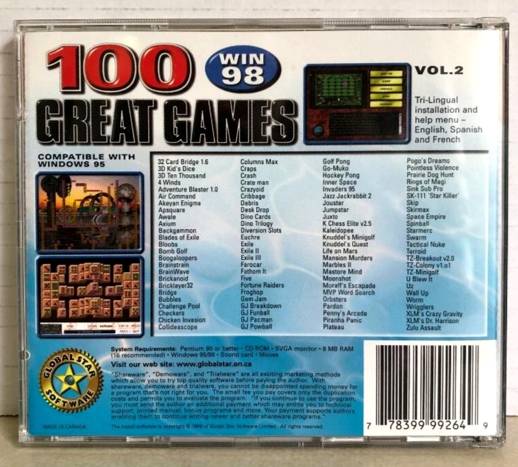 100 Great Games Vol. 2 PC Game CD-Rom Windows 98 Global Star Software