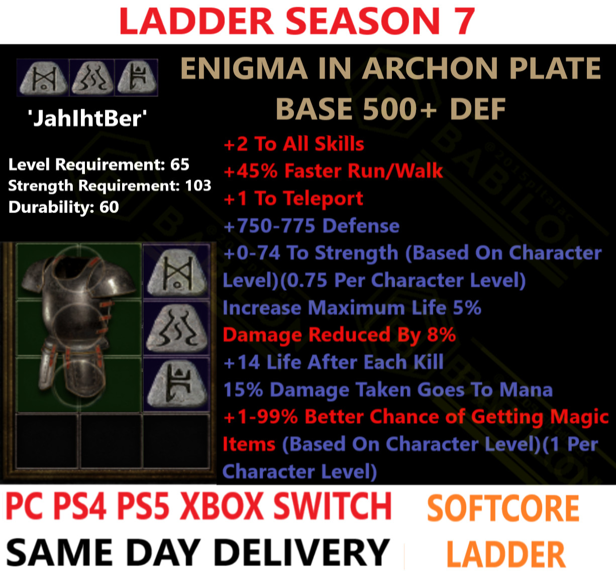 ✅PC PS4 PS5 XBOX SWITCH✅LADDER Enigma Archon 500+ Diablo 2 Resurrected Items D2R