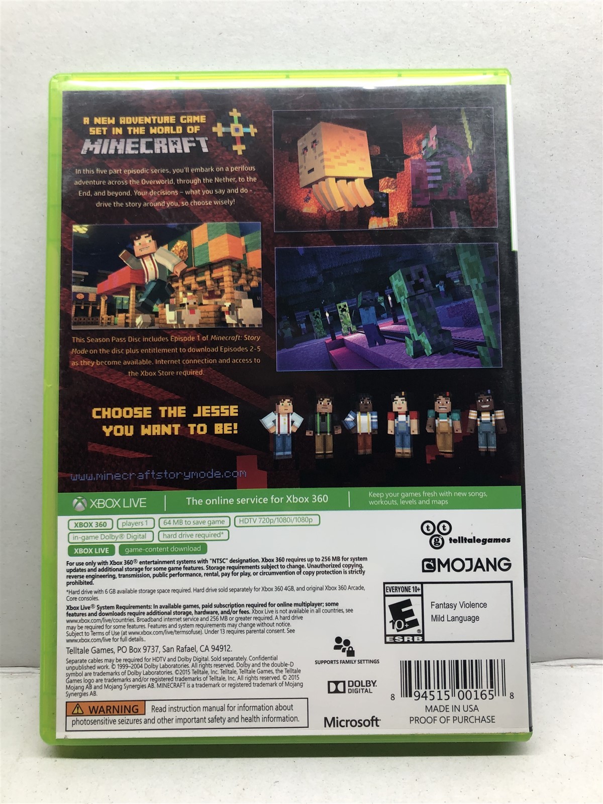 Minecraft: Story Mode – Season Pass Disc (Xbox 360, 2015) Complete Tested