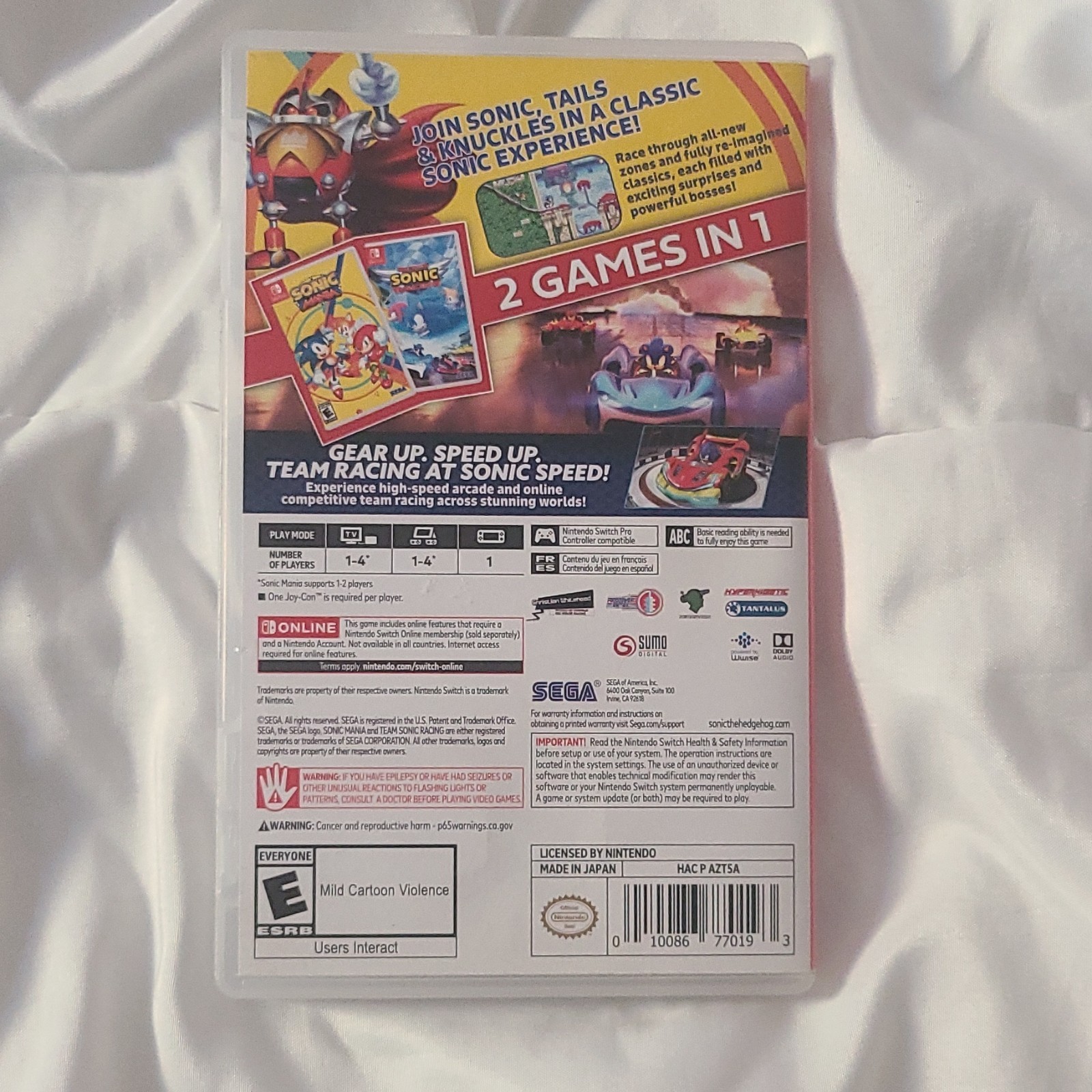 Sonic Mania + Team Sonic Racing Double Pack Switch Case and Cartridge