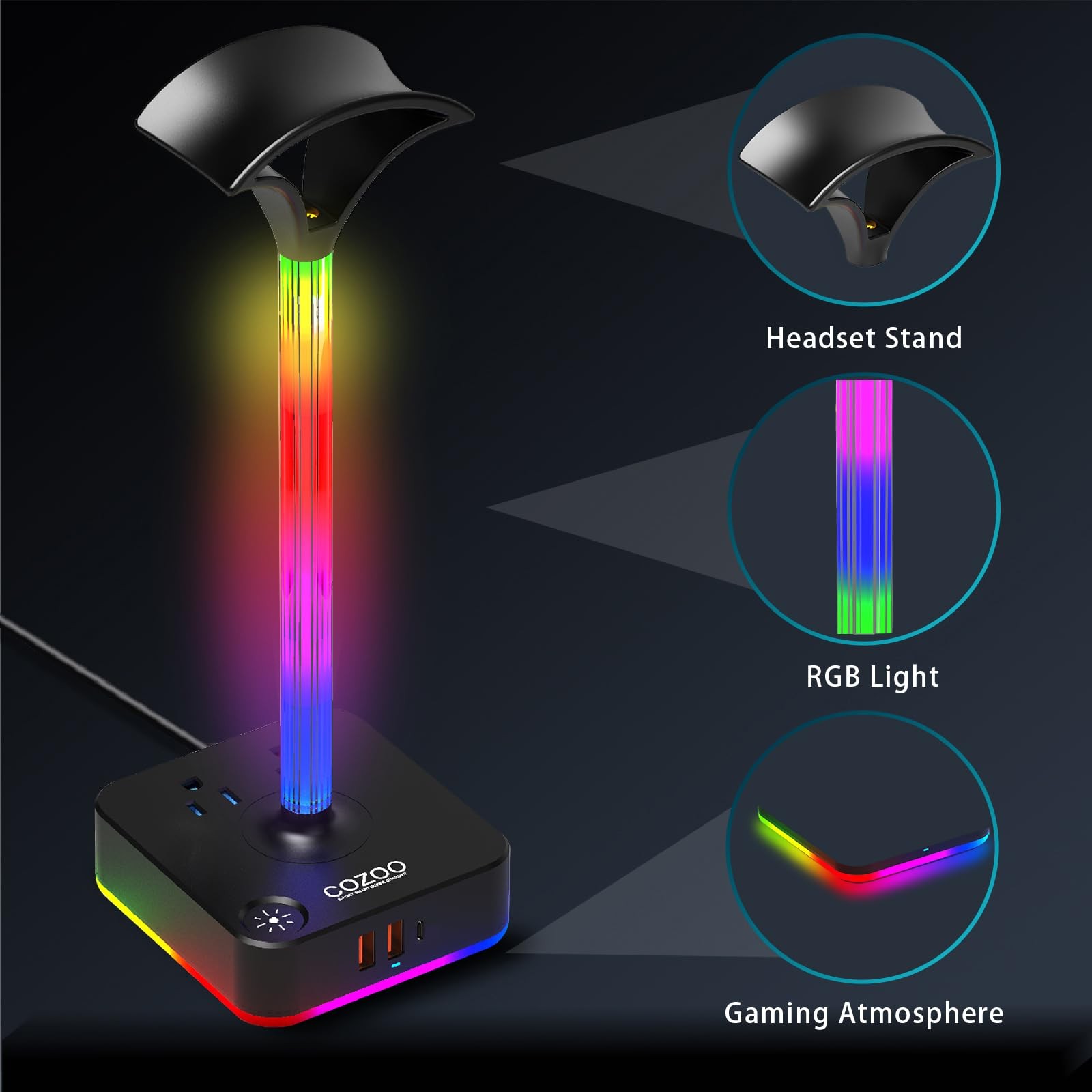 cozoo RGB Headphone Stand with Charger 3 9.86*4.1*3.9 in, Gaming Lights