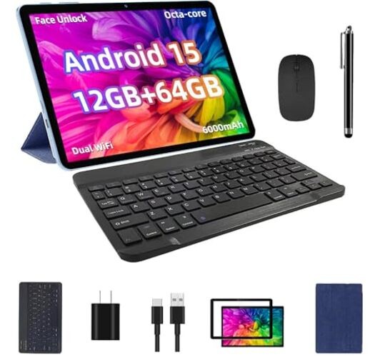 Blue 10″ Tablet Bundle for Android 15 – 12GB + 64GB + 1TB Expand – 10″
