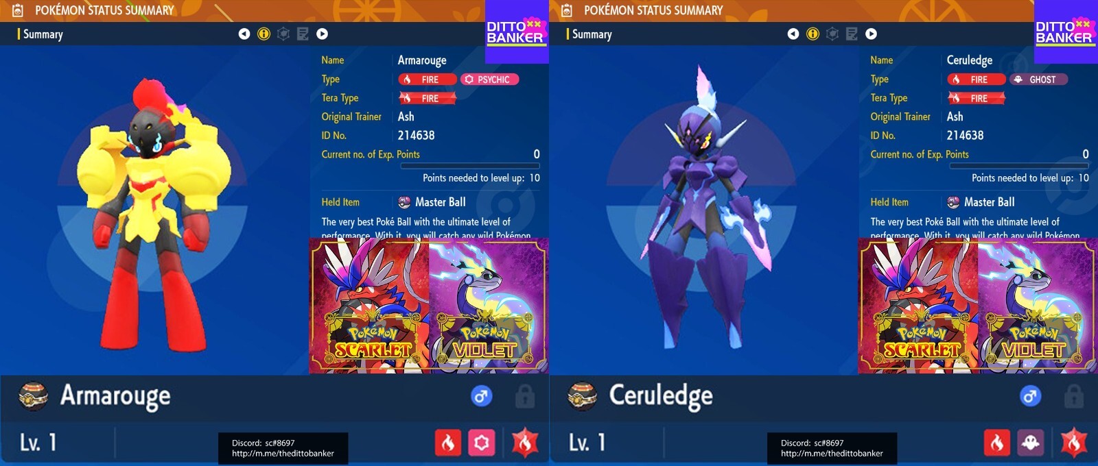 Pokemon Scarlet/Violet ✨SHINY CERULEDGE + ARMAROUGE Lv.1 6IV w/ Masterball TRADE