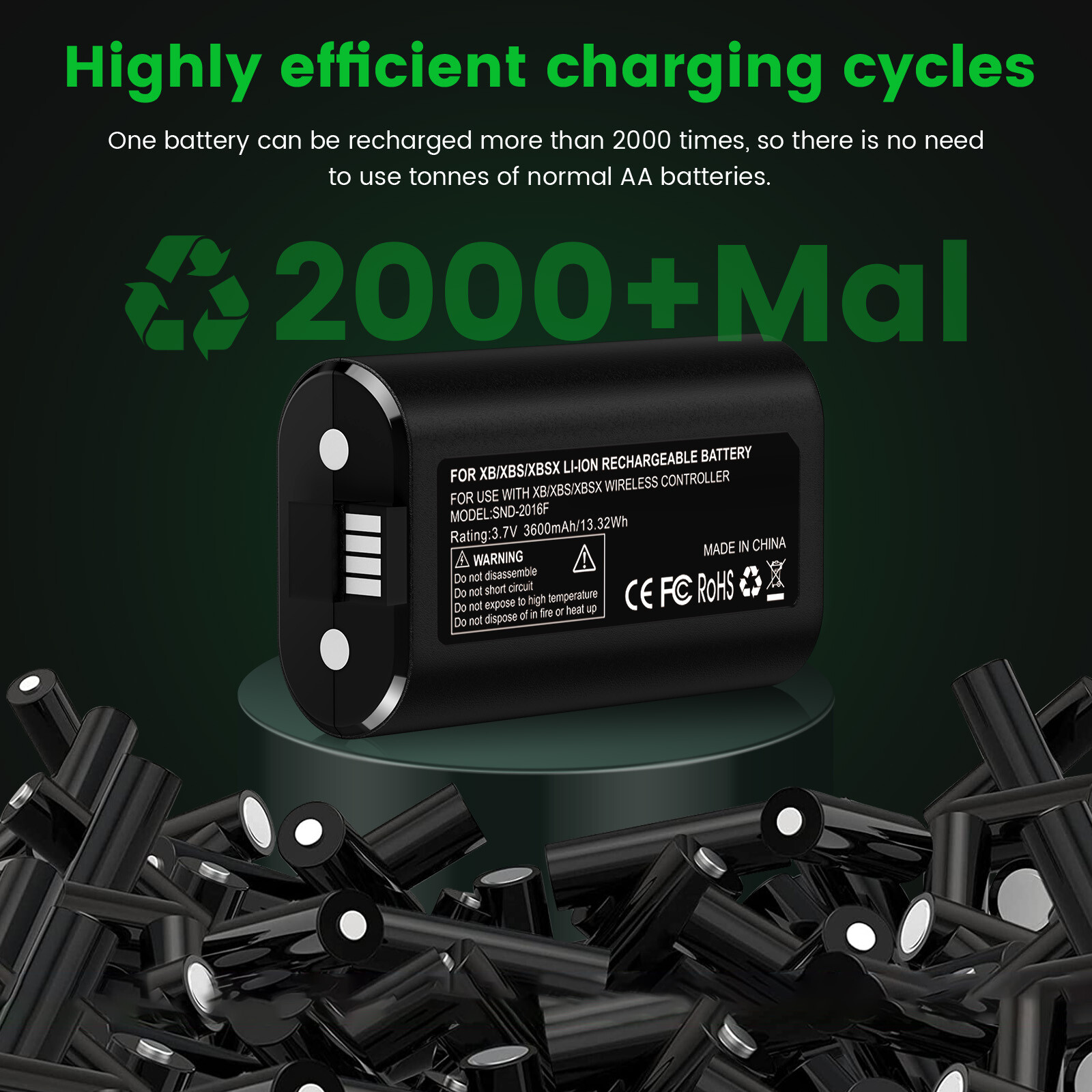 2 x 3600mAh Rechargeable Battery Pack For XBox One Controller+USB Charging Cable