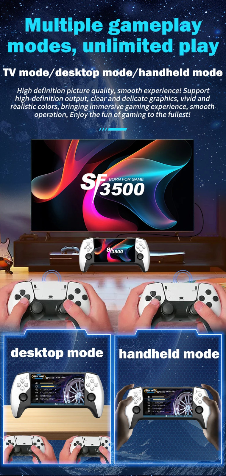 SF3500 Handheld Game Console 5 Inch IPS Screen with Wireless Controller Support