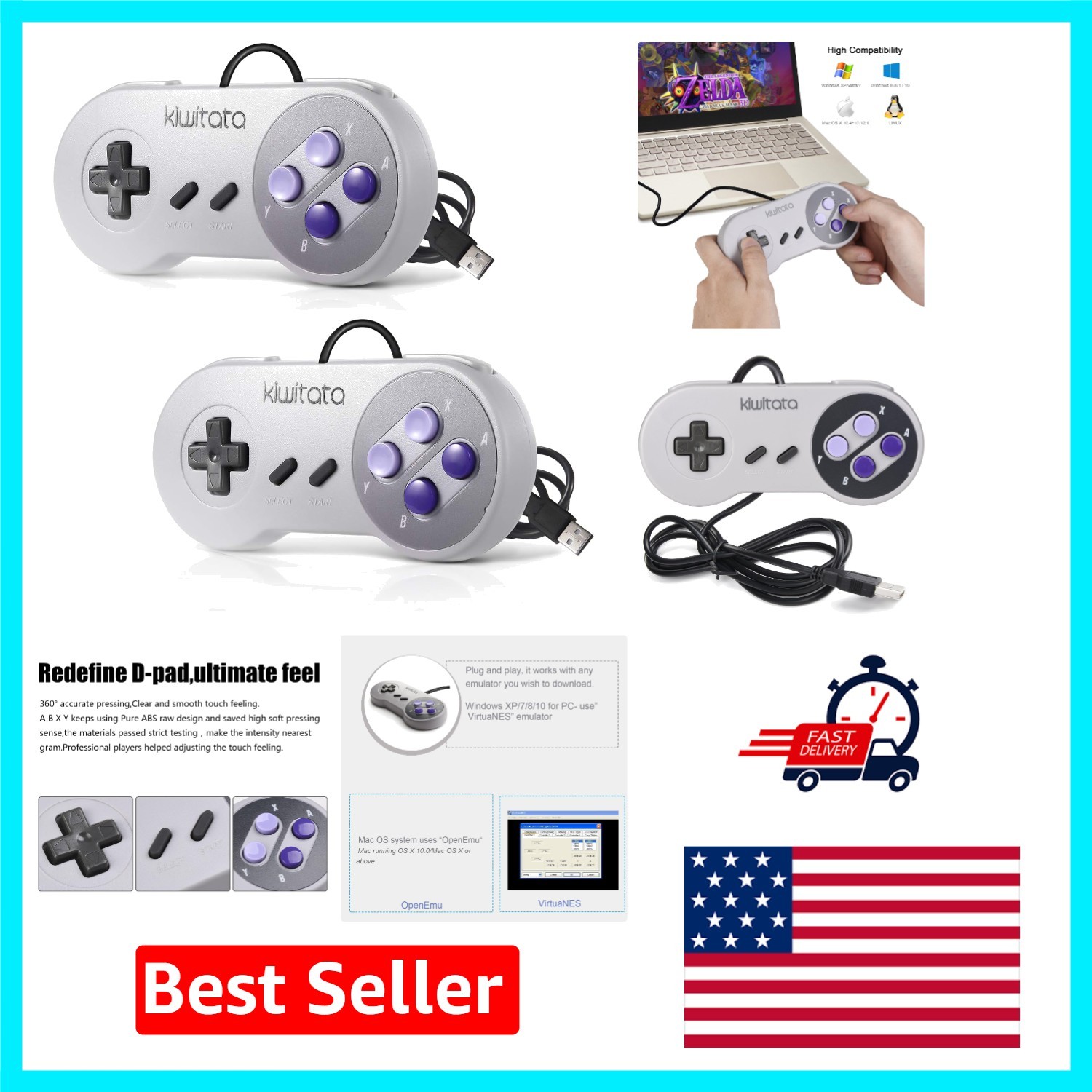 Classic SNES Wired USB Controllers – Perfect for Retro Games and Emulators