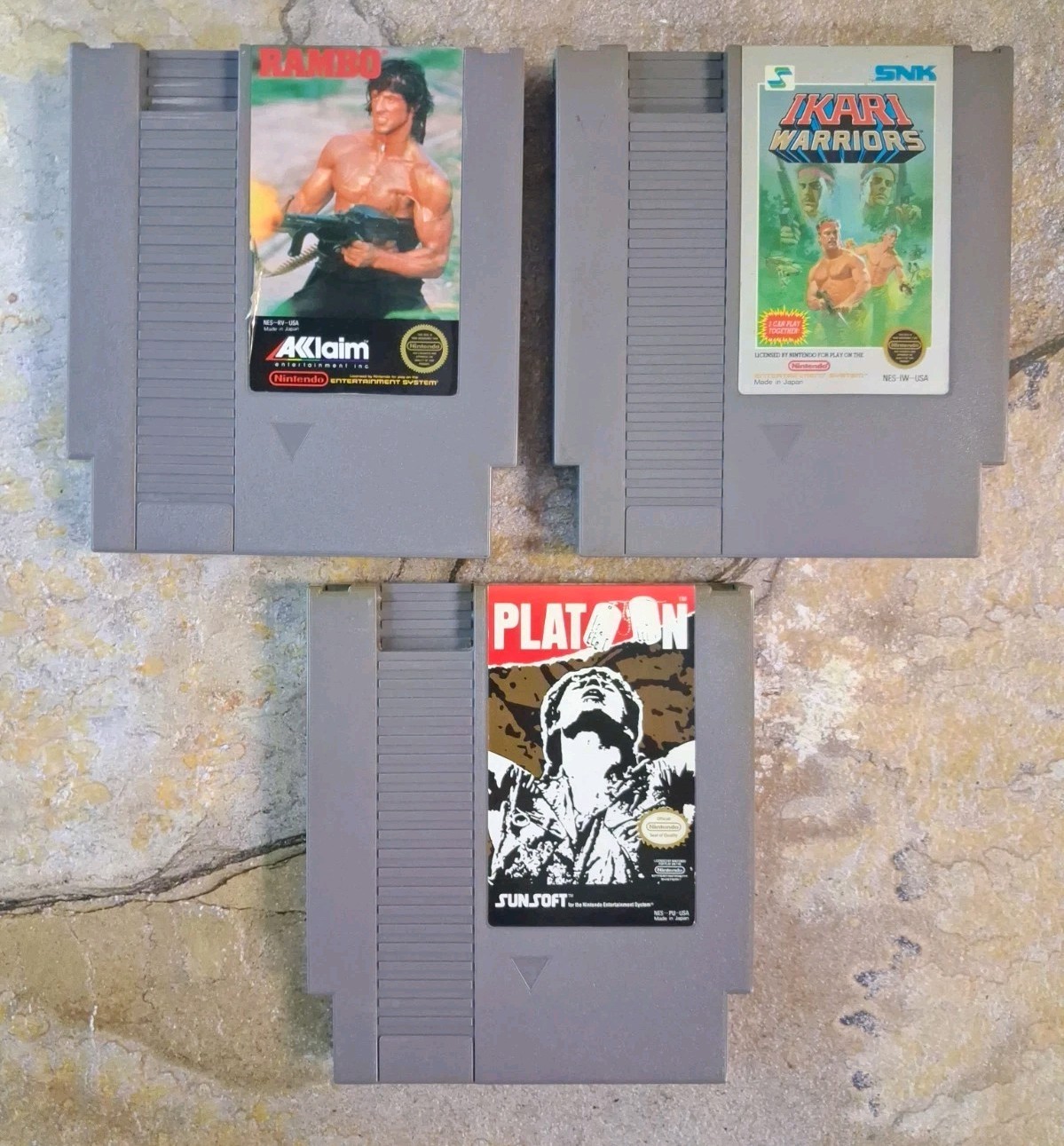 Lot (3) Rambo, Ikari Warriors, Platoon – Nintendo NES *TESTED*