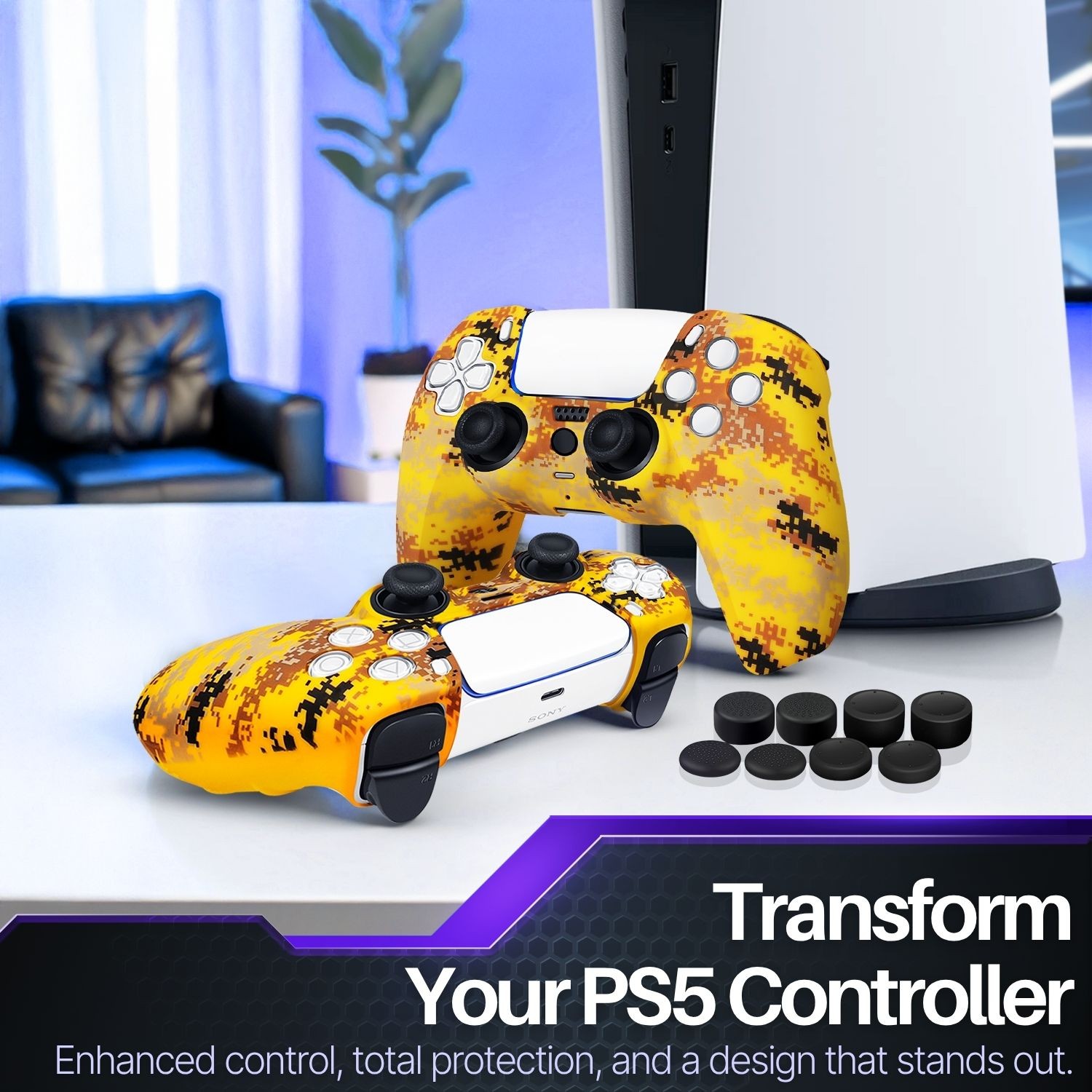 PS5 Controller Skin Grip Cover Silicone Gel Rubber w/ 8 Thumb Caps – Camo Yellow