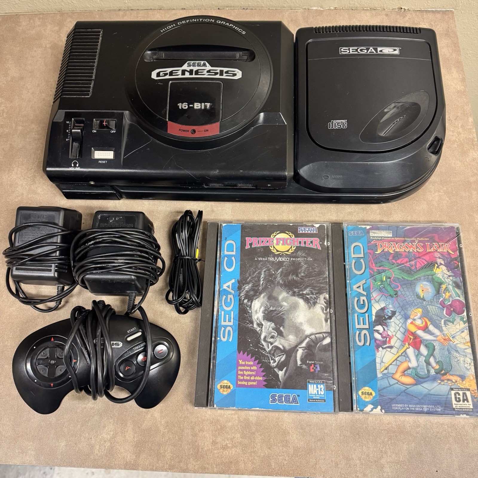Sega Genesis Model 1 & Sega CD Model 2 Console Bundle Tested Dragons Lair Bundle