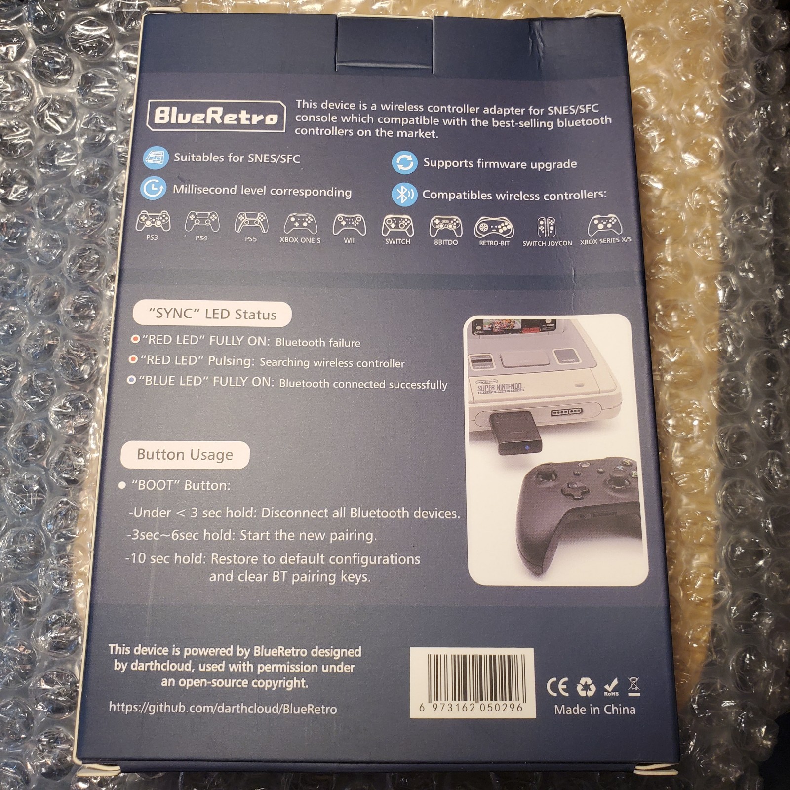 BlueRetro Wireles Controller Bluetooth Adapter for SNES and SFC Gaming Consoles