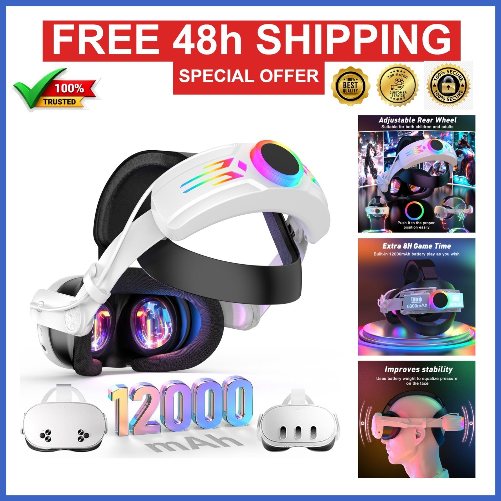 BROKELIT RGB Head Strap with 12000mAh Battery for Meta Quest 3
