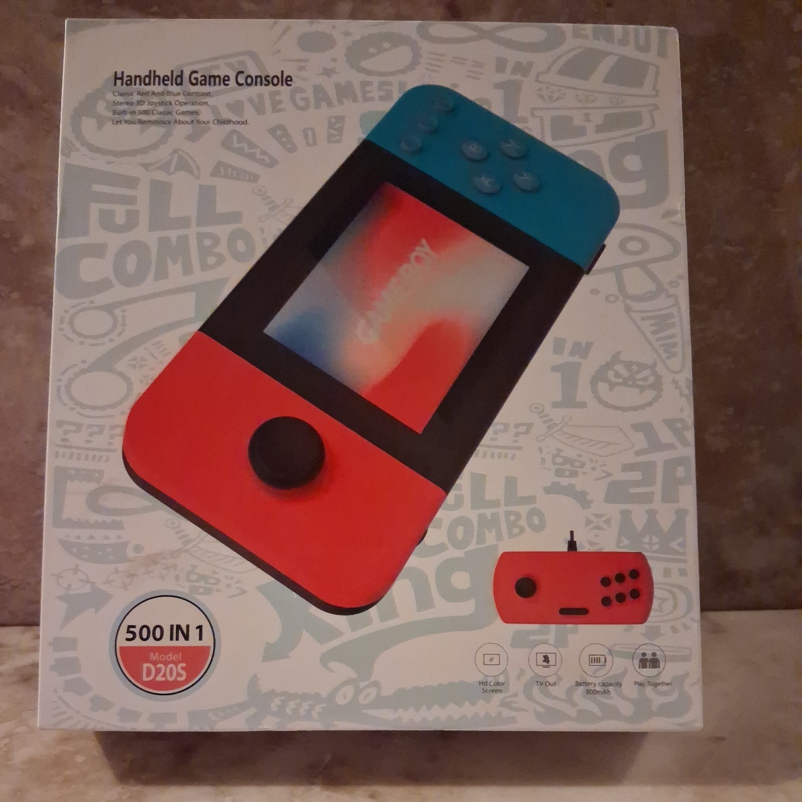 D20S 500-in-1 Handheld Game System, Built-in Games, TV Output, Red/Blue/Black