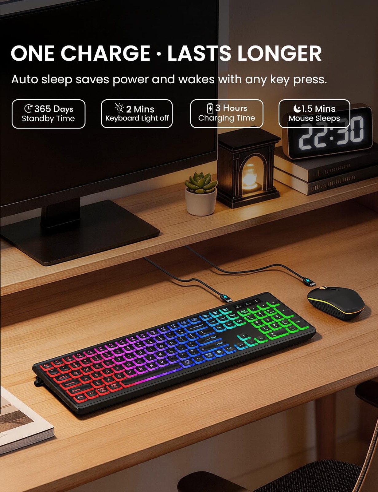 Wireless Keyboard and Mouse Combo, RGB Backlit, Rechargeable & Light Up Black