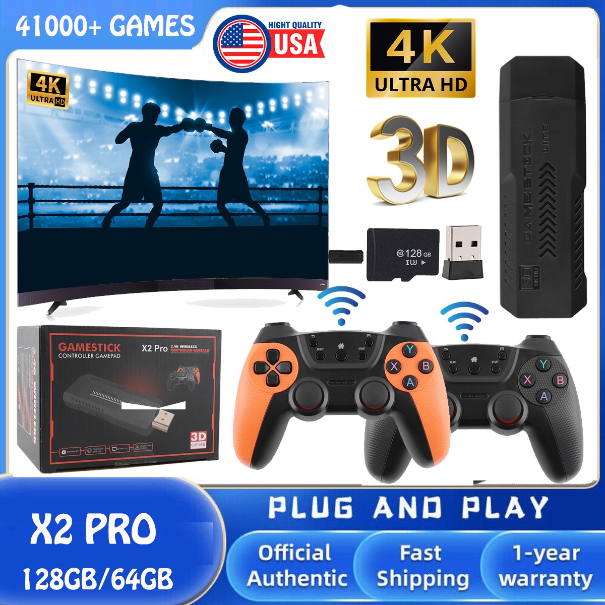 X2 Pro 4K Game Stick 35,000+ Games 256GB Dual Wireless Controllers Retro Console
