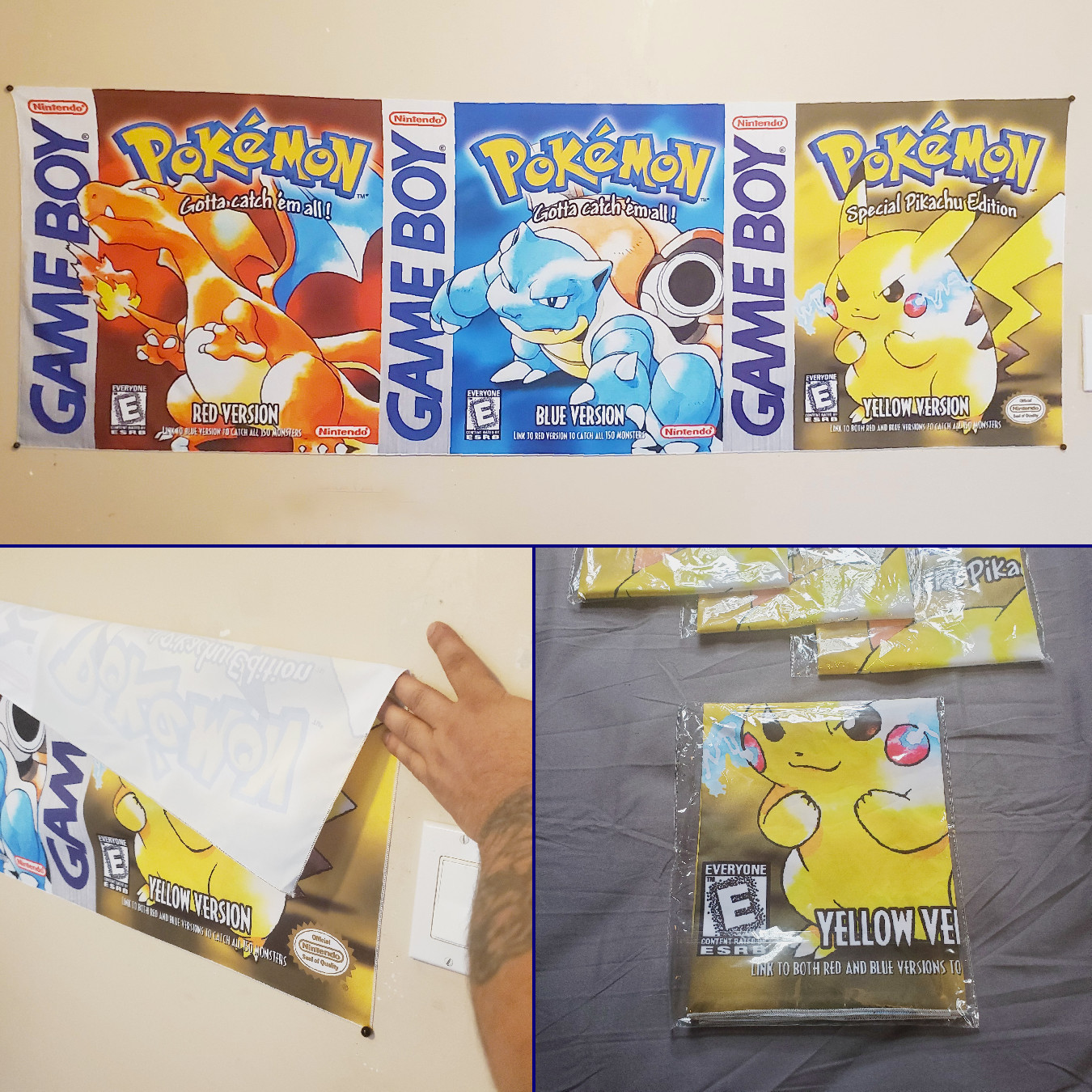 Pokémon Red Blue Yellow tapestry flag Gameboy box art covers Pikachu banner