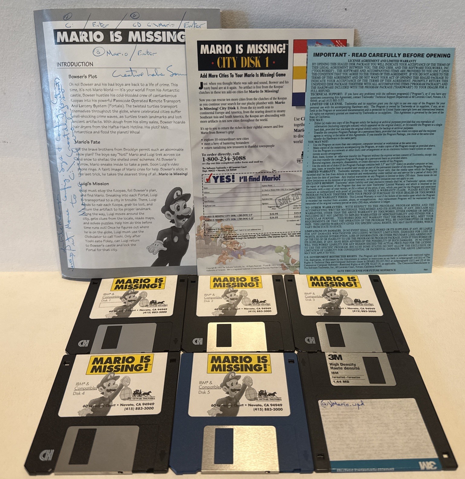 Mario Is Missing Nintendo IBM PC Game w/ Box and Paperwork c1992 Vtg 3.5″ Disks
