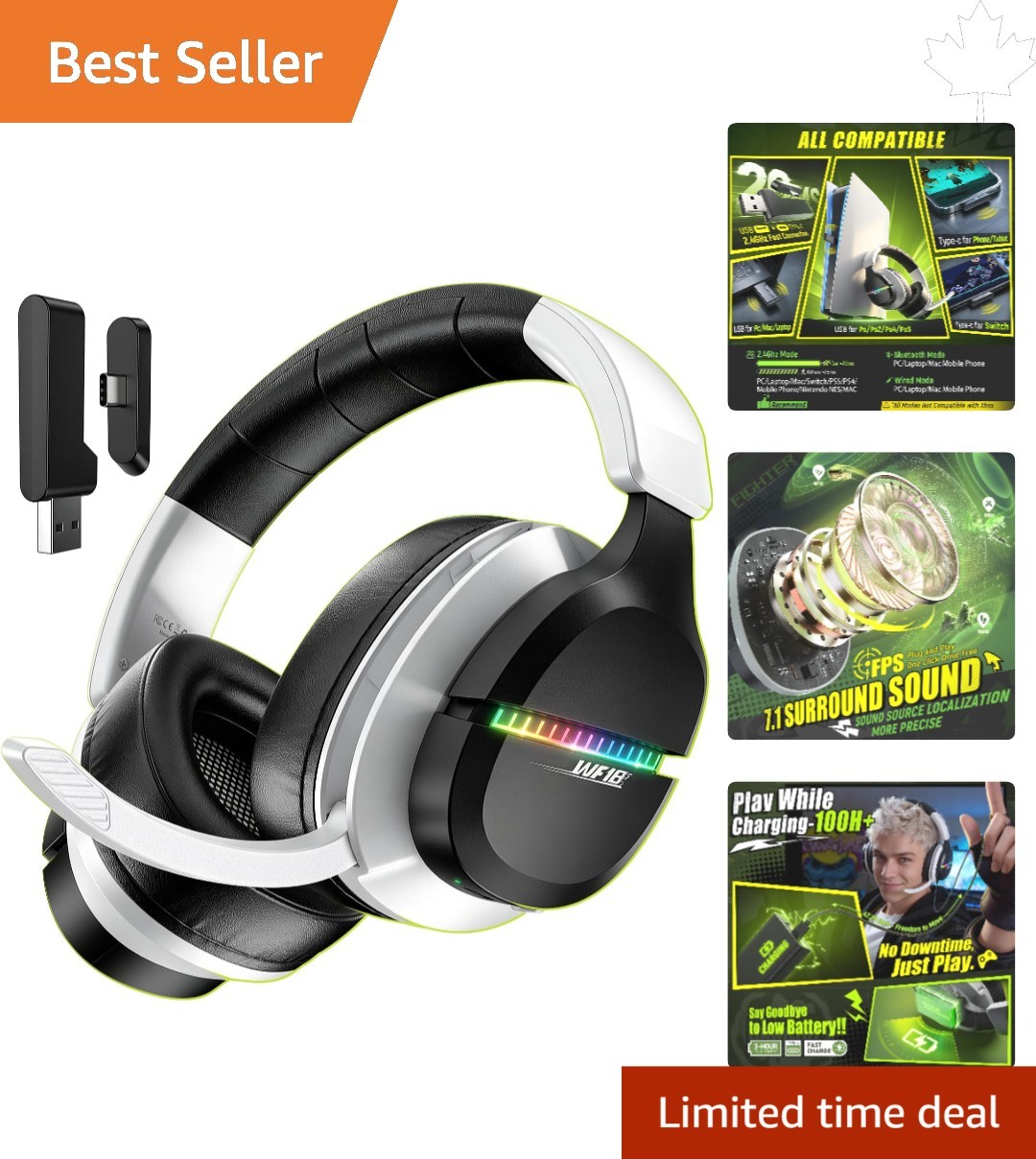 Multi-Platform WF18 Wireless Headset: Flip-to-Mute Mic & 100-Hour Battery