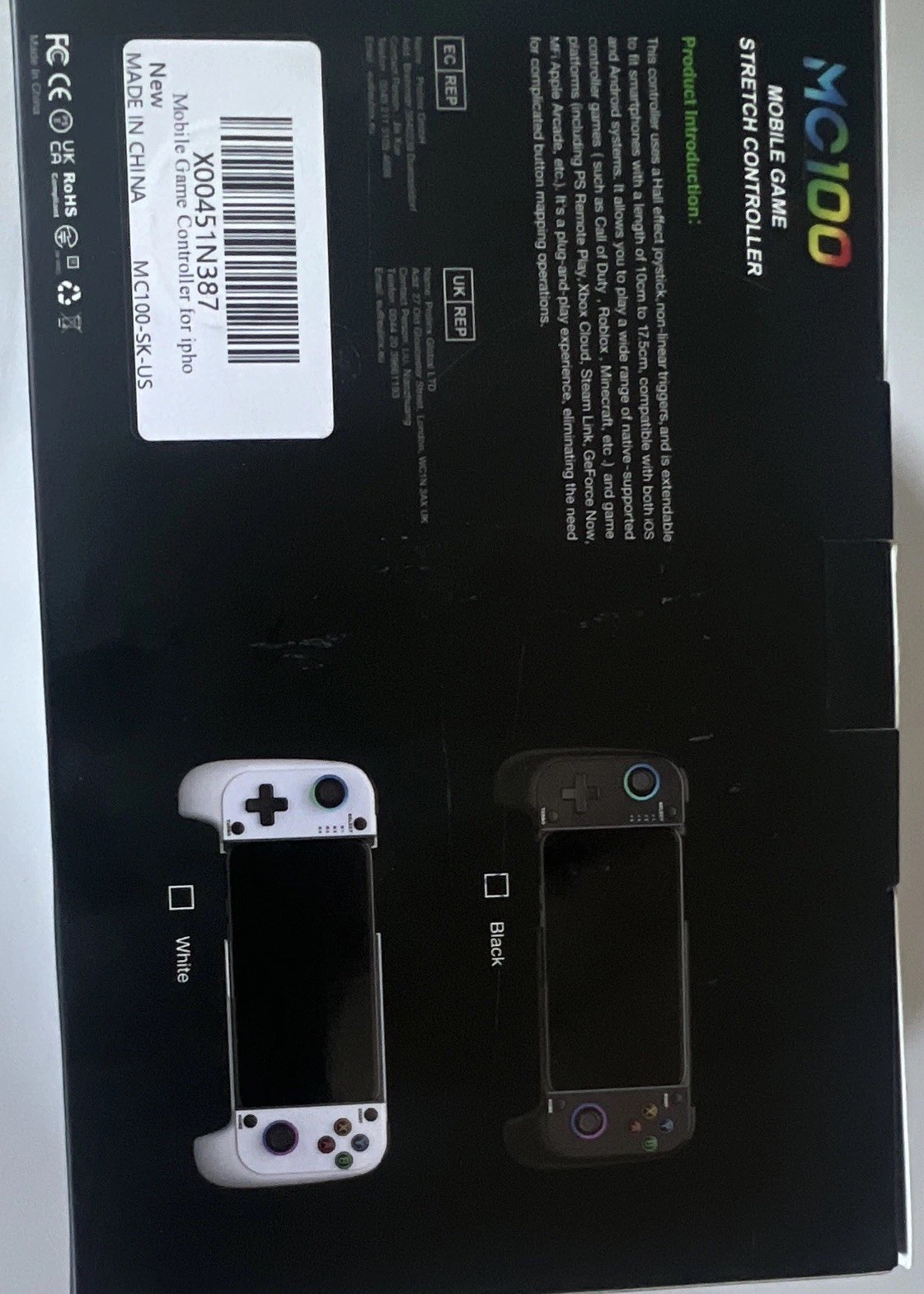 MC100 Black/White Wireless Mobile Controller for Android iOS RGB Hall Joystick