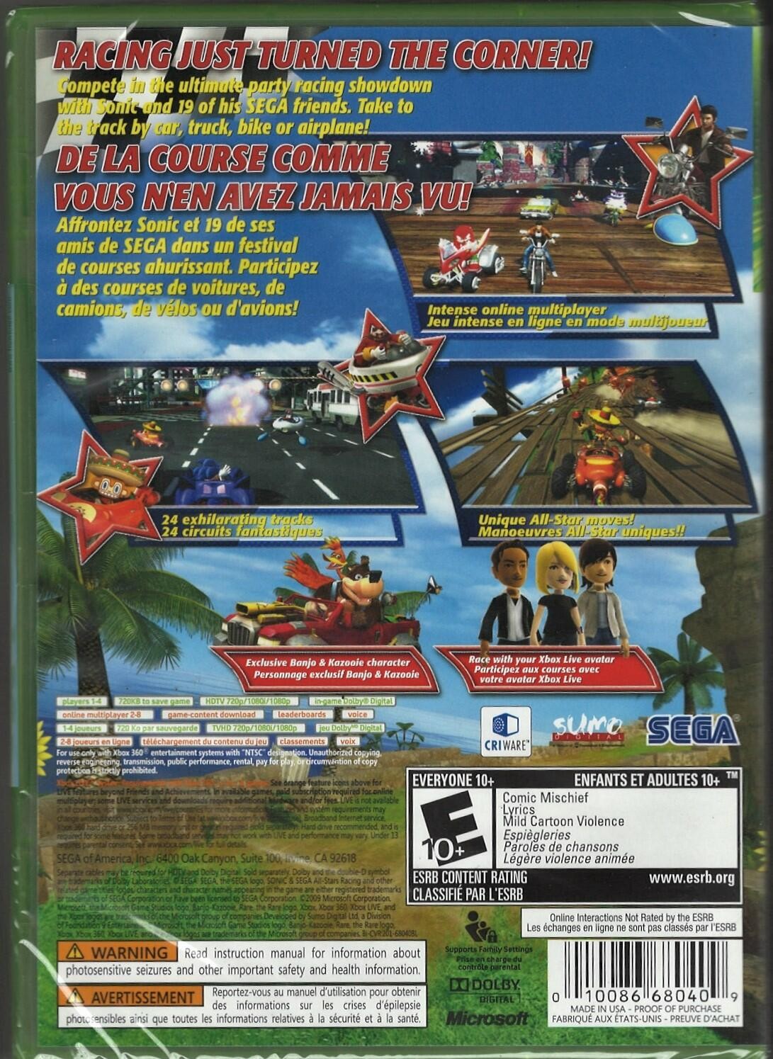 Sonic & Sega All-Stars Racing Xbox 360 (Brand New Factory Sealed US Version) Xbo