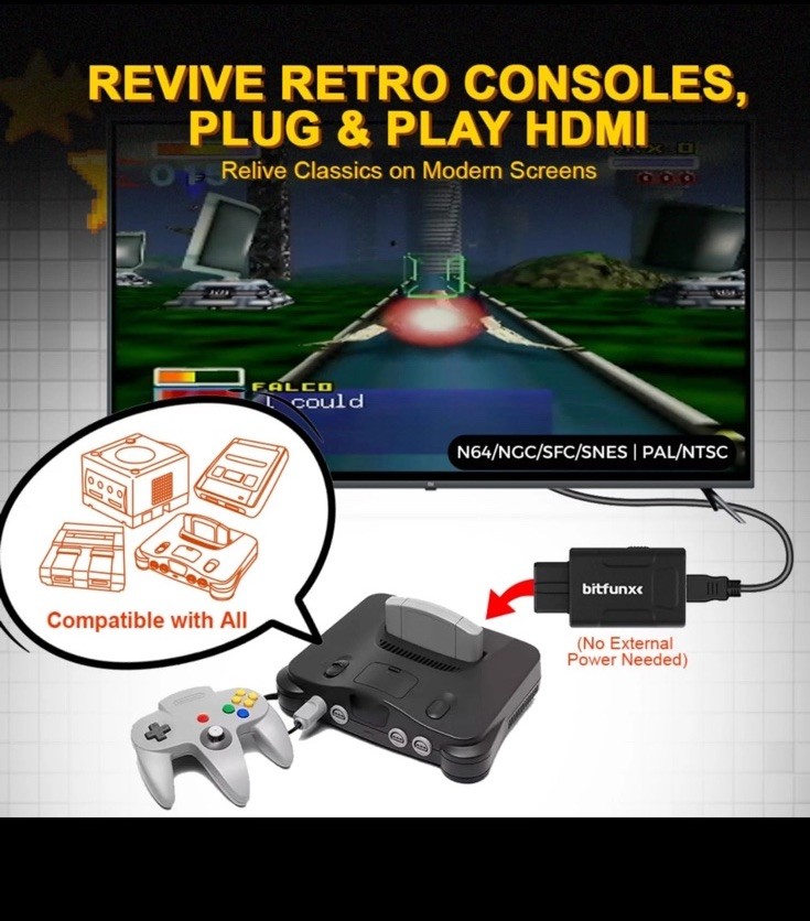 Bitfunx N64 HDMI Adapter 720P 1080P HD Converter Upscale N64 SNES SFC GameCube
