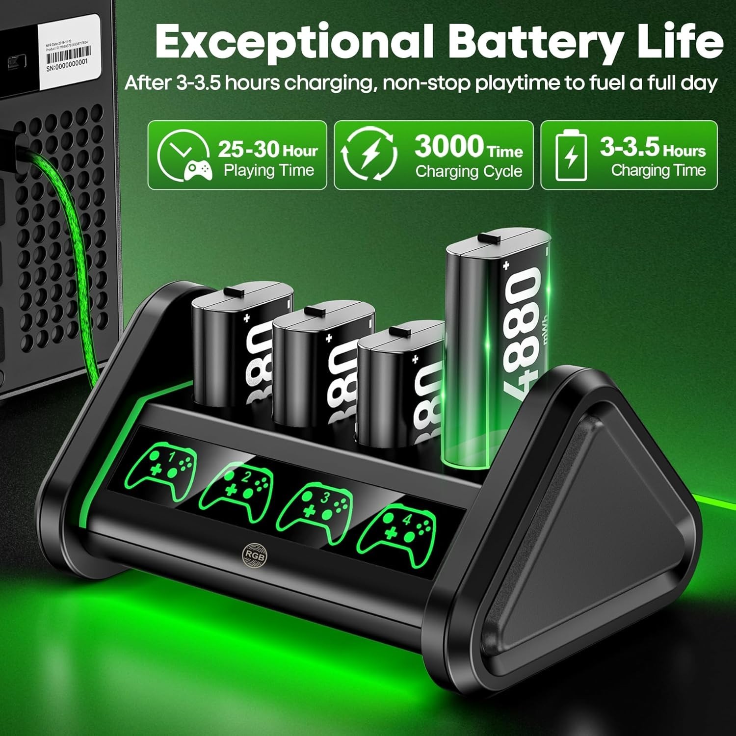 Rechargeable Battery for Xbox One/Series X/S, 4 x 4880mWh Xbox Batteries, Xbx…