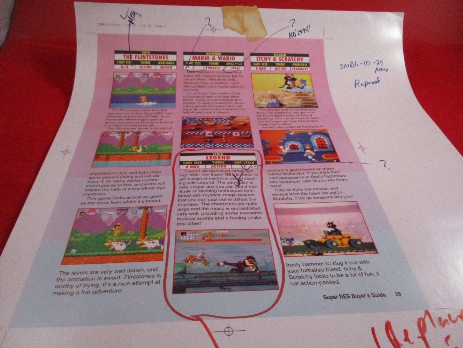 Super NES Buyer’s Guide Magazine Prototype Sheet Flintstone Mario & Wario Legend
