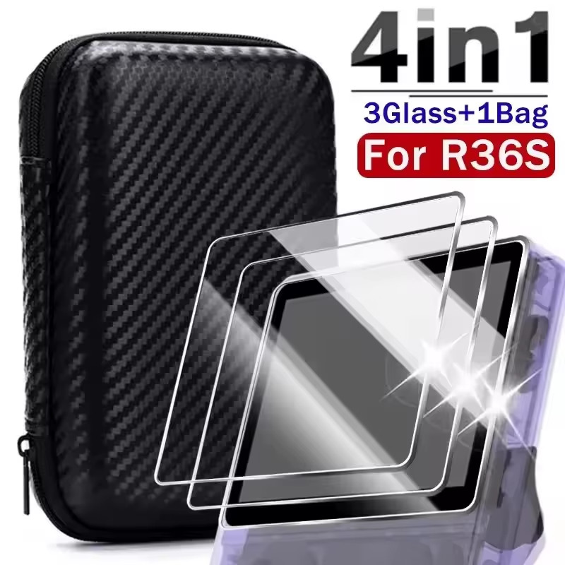 4 in 1 Case+Glass for R36S Game Console Travel Carrying Storage Bag & Screen Pro