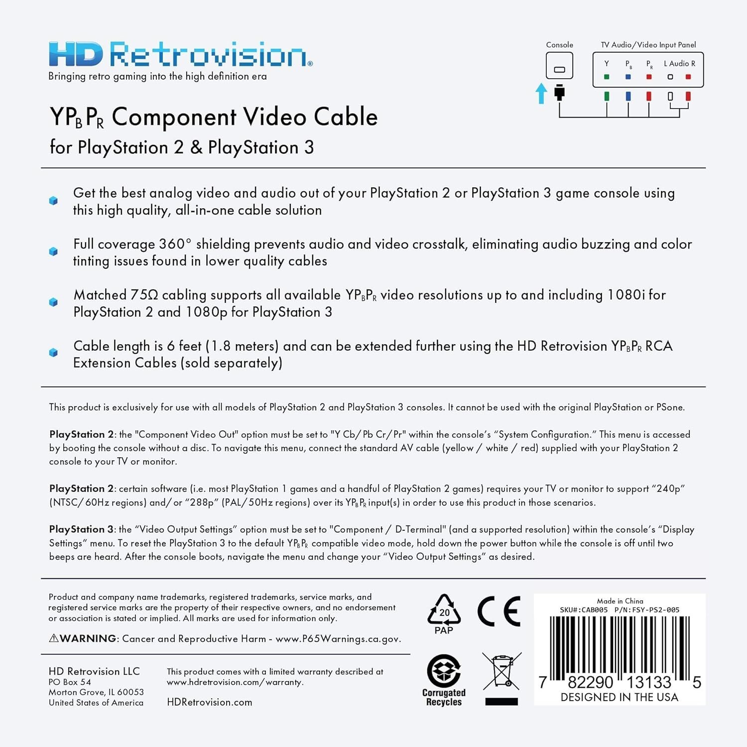 Plystation 2/3 PS2/PS3 Premium Ypbpr Component Video Gaming RCA Shielded Cable