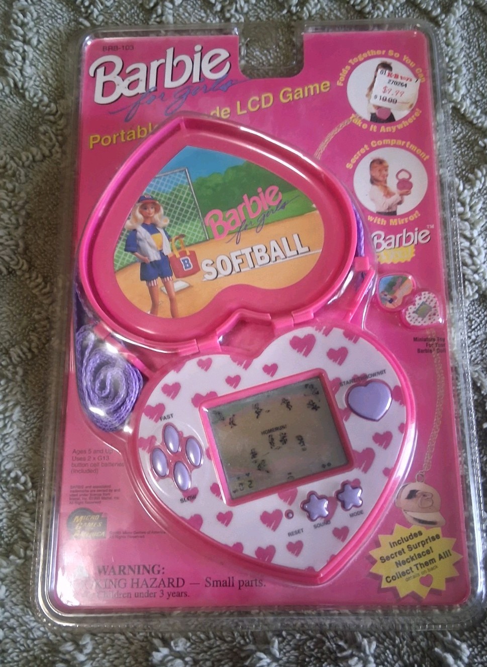 New Vintage 1995 Barbie Portable Arcade LCD Game “Softball” w/ necklace NIB Rare