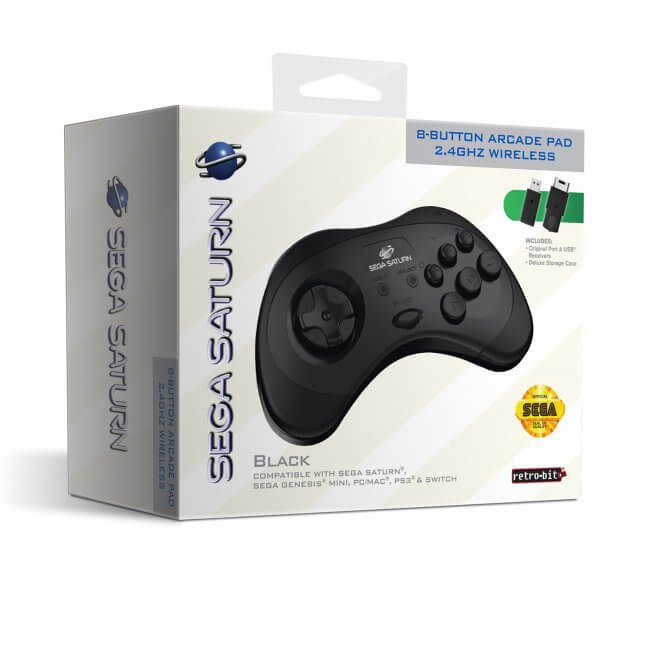 Retro-Bit 2.4GHz V2 Wireless Controller 8-Button Sega Saturn, Genesis Mini Black