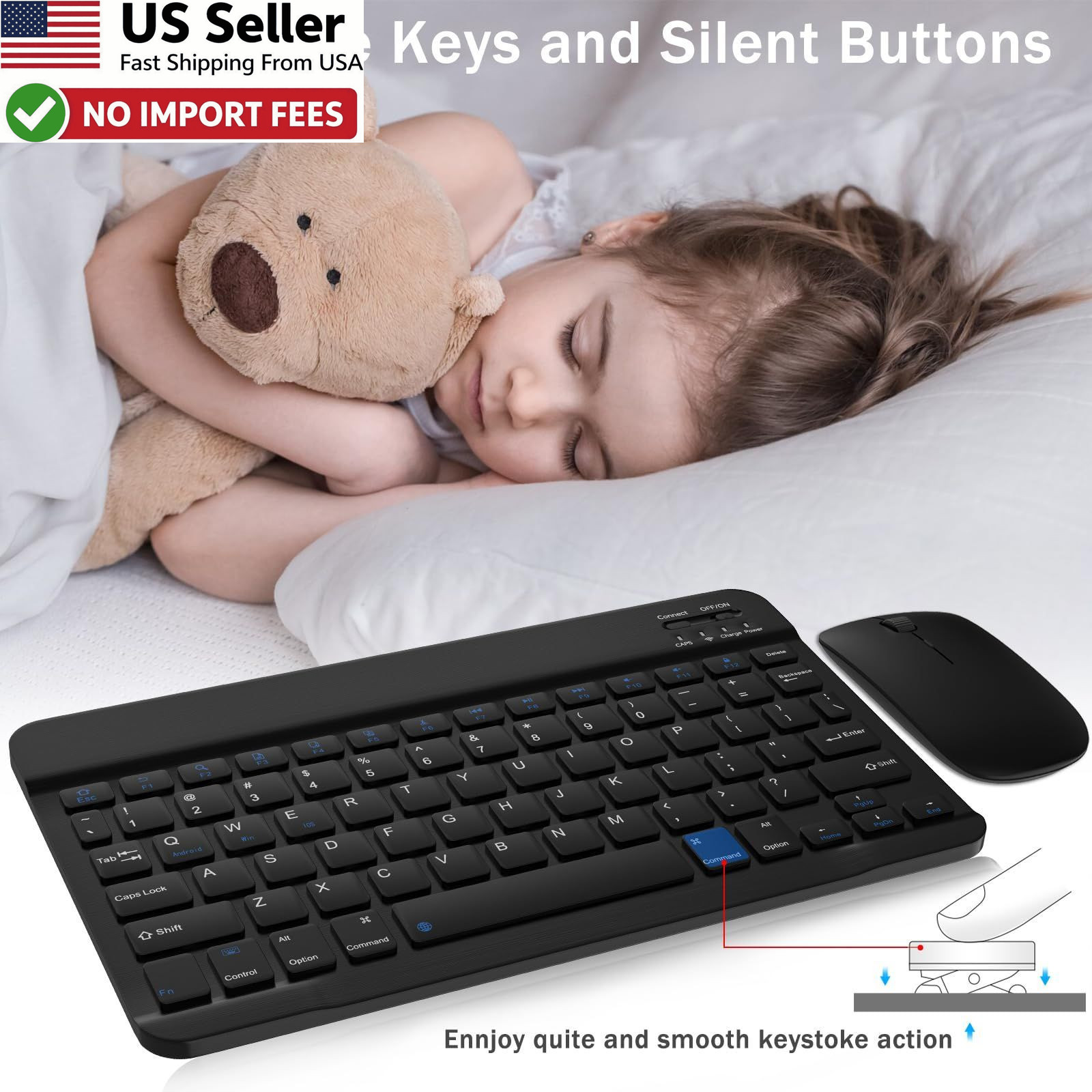 Rechargeable Bluetooth Keyboard Mouse Combo Ultra-Slim Wireless Black FROM USA