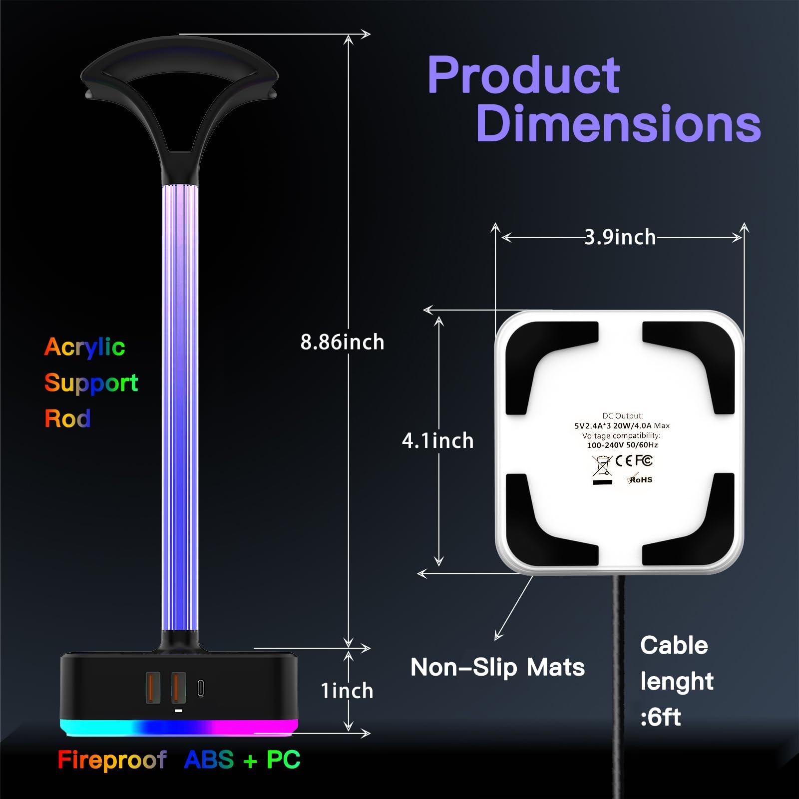 cozoo RGB Headphone Stand with Charger 3 9.86*4.1*3.9 in, Gaming Lights
