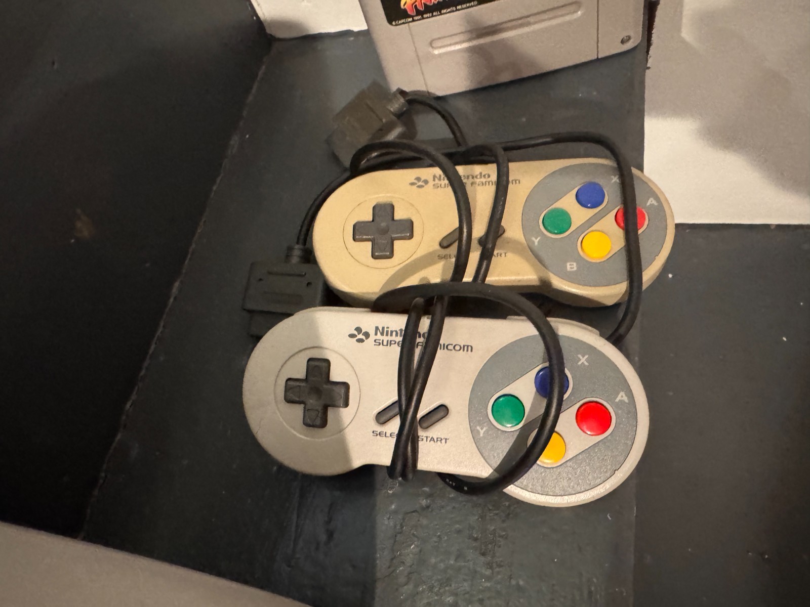 Nintendo Super Famicom console with controllers, all wires and Street Fighter 2