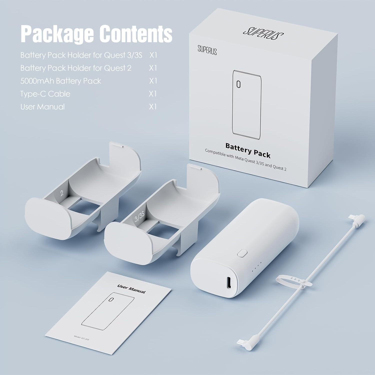 SUPERUS Battery Pack for Meta Quest 3/3S & Oculus Quest 2, 5000Mah, PD20W Fast C
