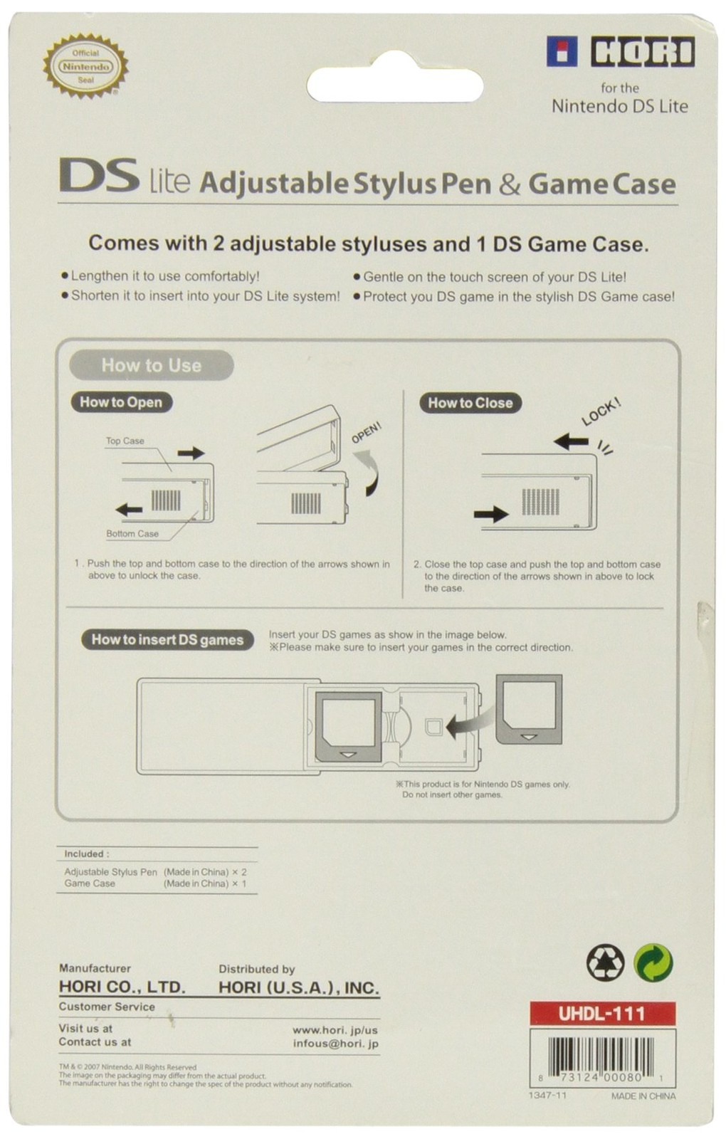 DS Lite Adjustable Stylus Pen & Game Case Hori- Colors varies