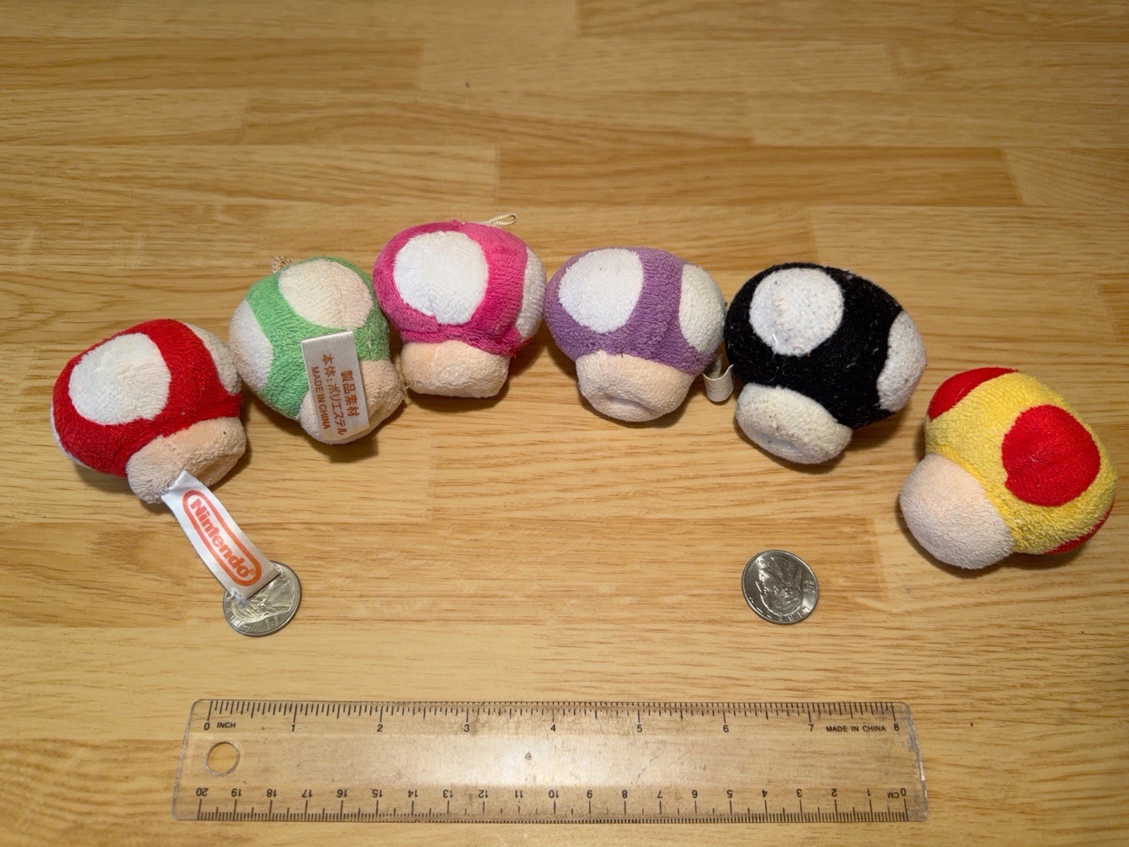 Lot of 2” Nintendo Mushroom Plushies Red Green Pink Purple Black Yellow Set of 6