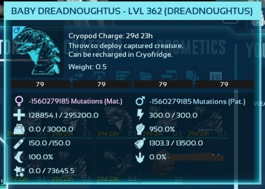 DREADNOUGHTUS BLACK ID79 TOP STATUS BABY PAIR ARK ASCENDED PVE PC/XBOX/PS5