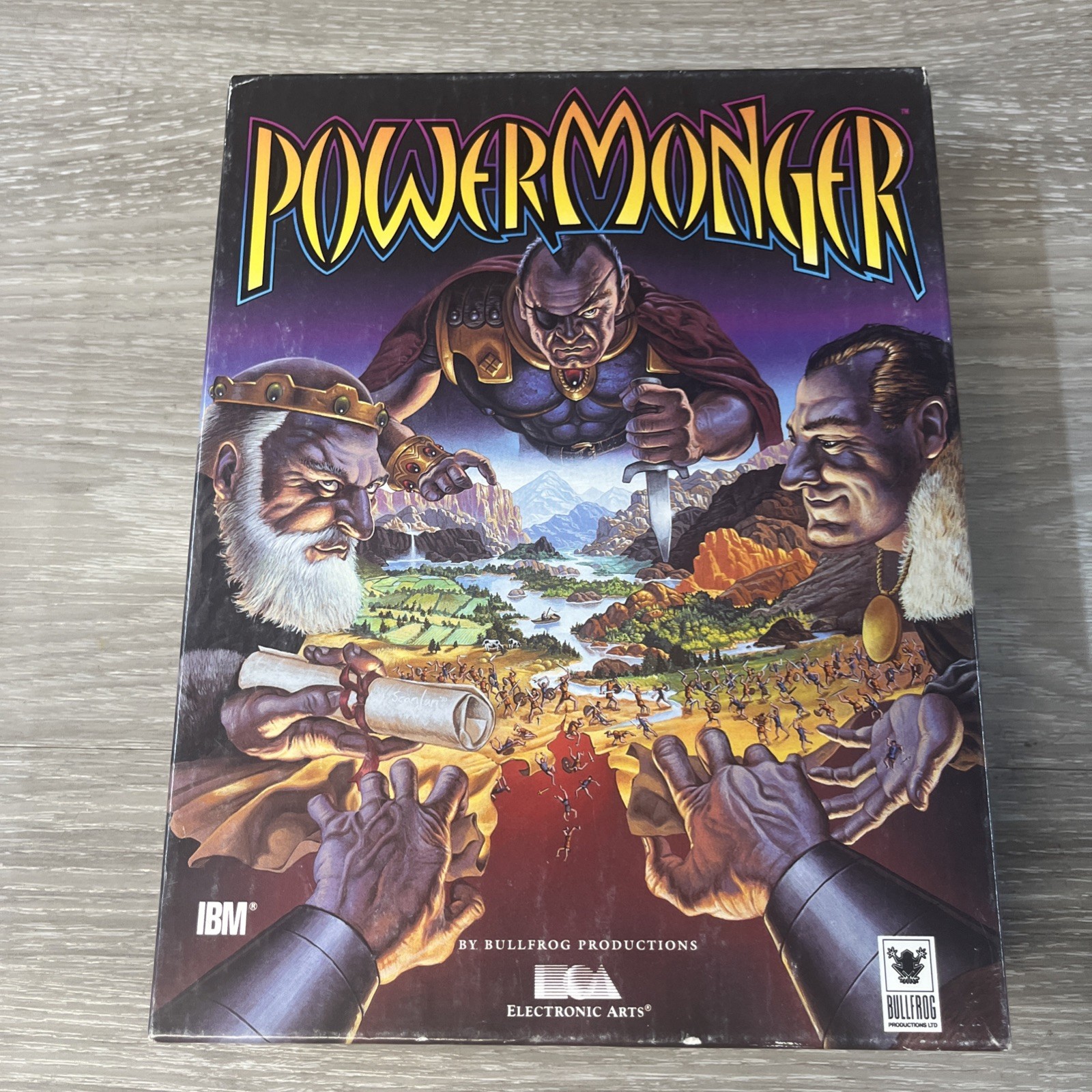 Vtg PowerMonger Big Box Computer Game IBM PC DOS 3.5 Disk Electronic Arts CIB