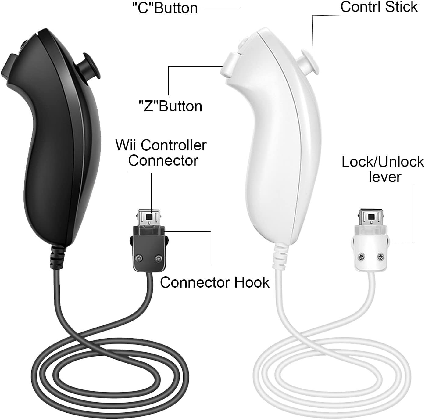 1/2Pack Wii Nunchuck Black White For Nintendo nunchucks for Nintendo Wii / Wii U