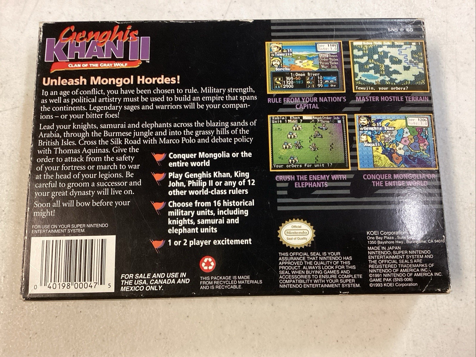 Genghis Khan II: Clan of the Gray Wolf (SNES) Cib Manual Tested Excellent Condit
