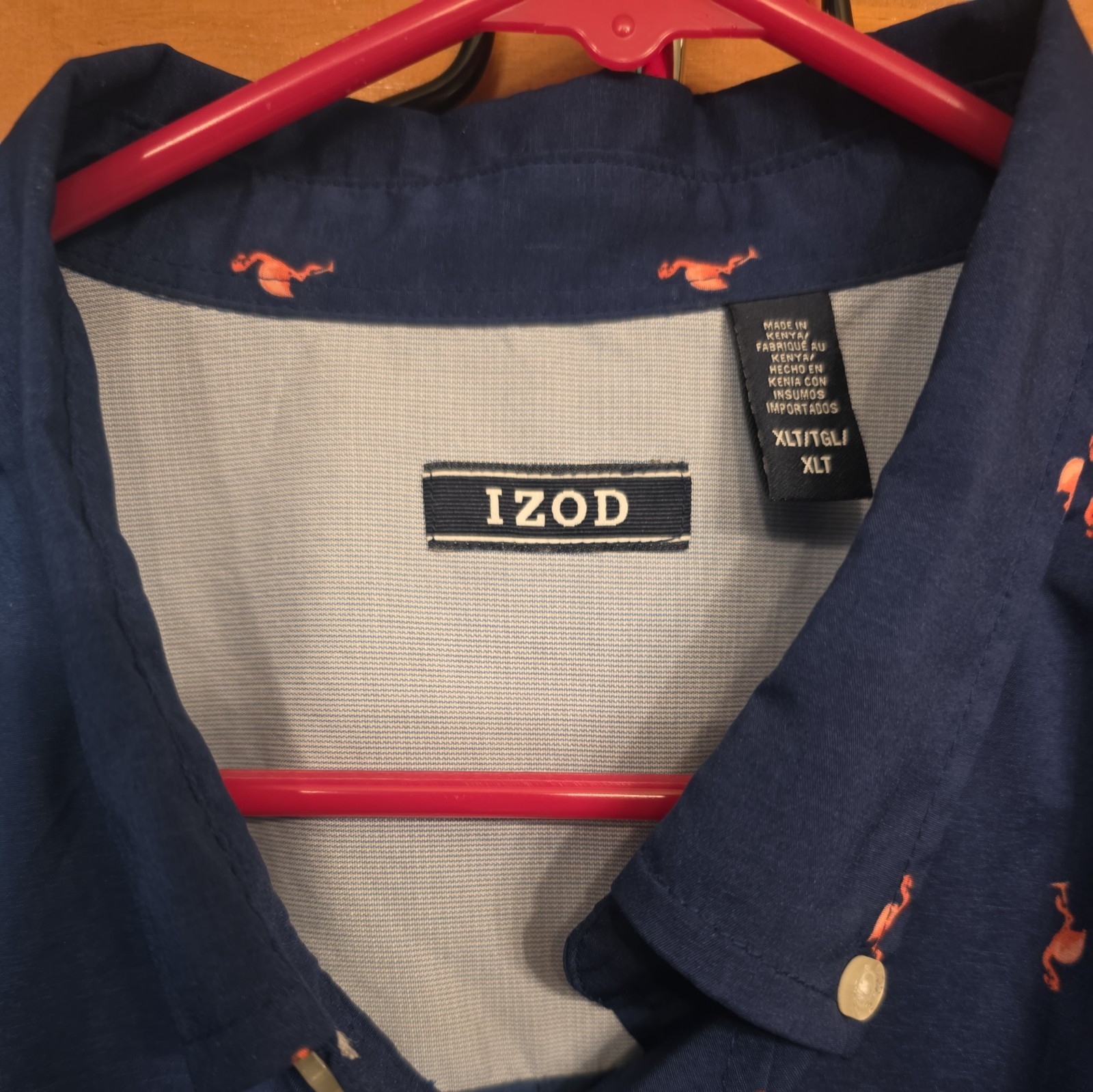 IZOD Shirt Mens XLT Navy Blue Flamingo Print Short Sleeve Button Down Pocket