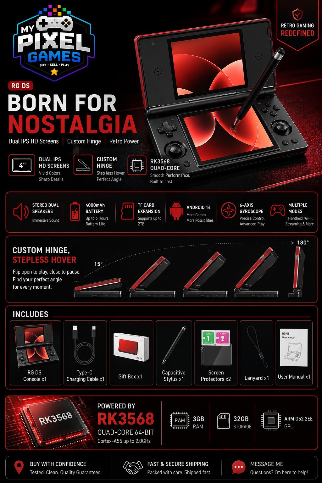 Anbernic RG DS Dual Screen Handheld Console with Stylus, Wi-Fi, 32GB, HD IPS