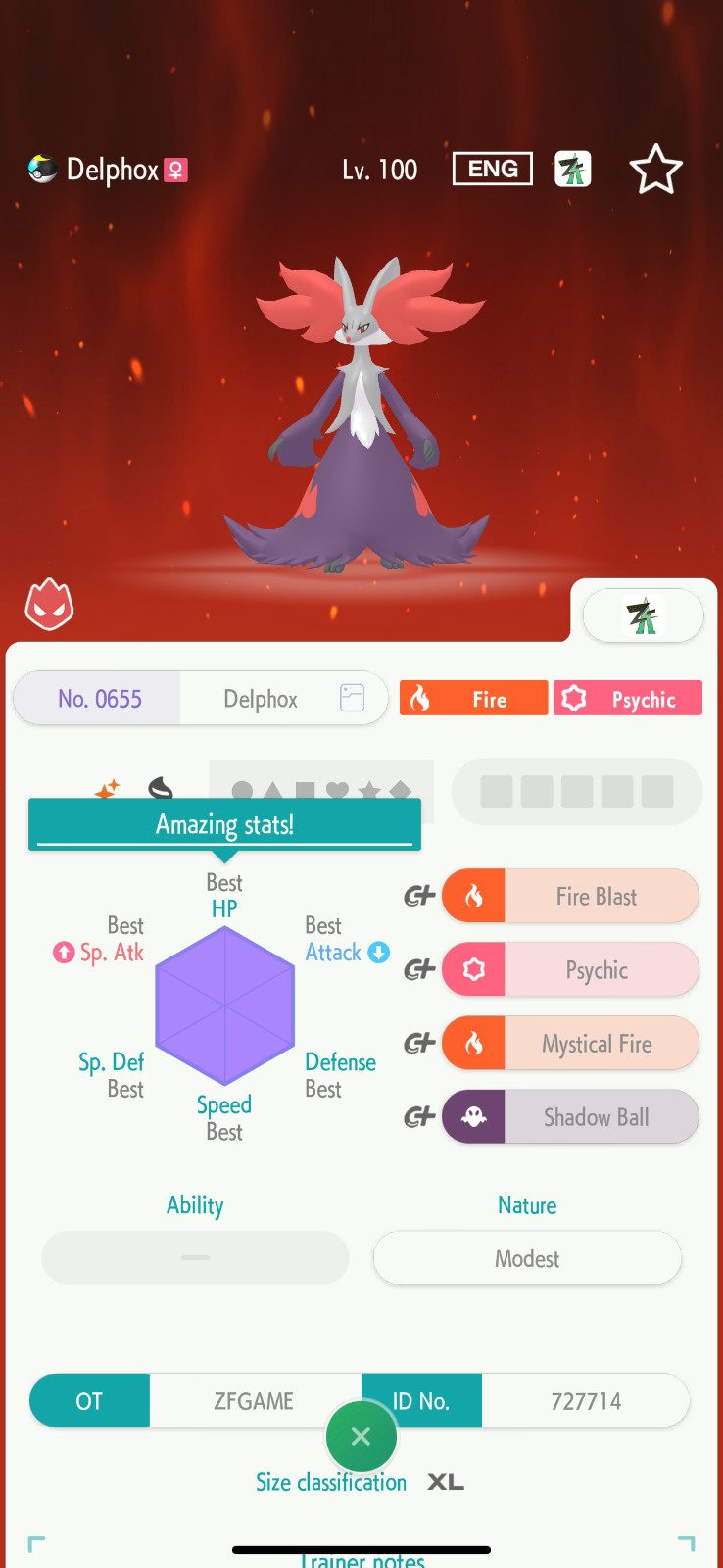 ✨6IV SHINY Delphox From ZA + EVS🚀 POKEMON HOME✨Champions✨Online delivery⚡