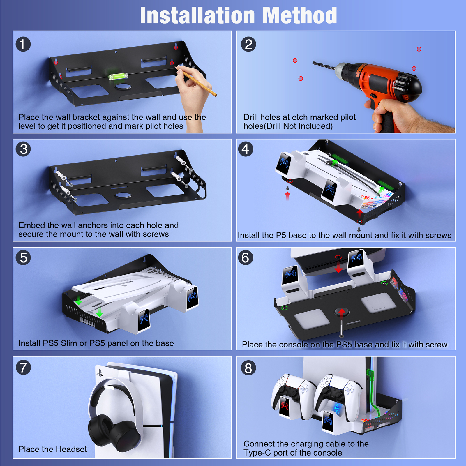 Hanging Wall Mount Shelf Holder for Playstation 5 Slim Console Charging Station