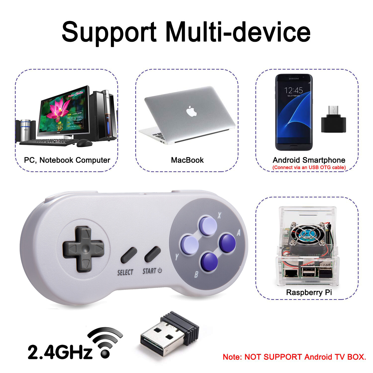 Wireless USB SNES Controller Game pad for Super Retro Games Windows PC Mac Linux