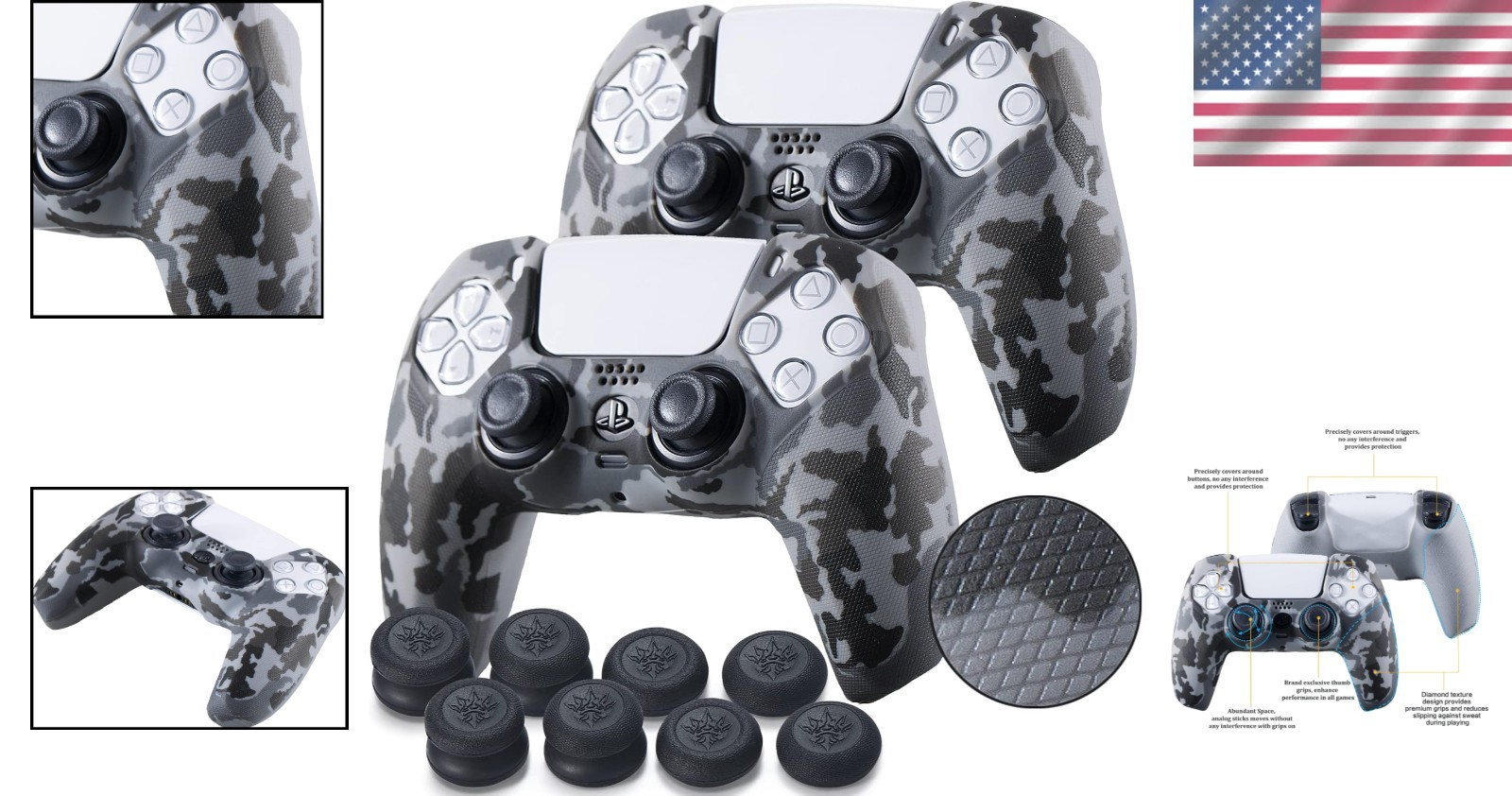Anti-Slip Medical Grade Silicone Cover for PS5 Controller – Grey Camouflage Set